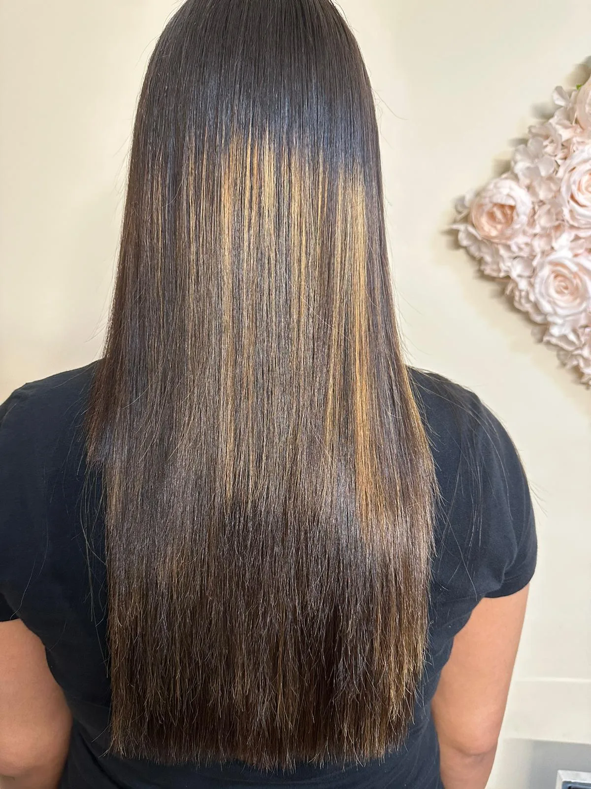 Glossy dark balayage blow-out, long layers, rear view